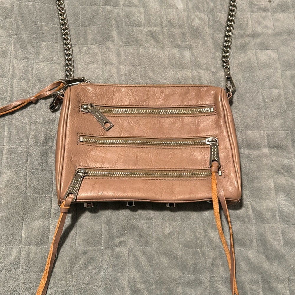 Rebecca Minkoff Leather Purse, Tan, Brown, Chain Strap, Crossbody, Studs, Zipper